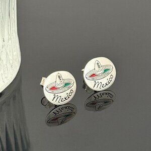 Mexico Straw hat Earrings S925 Sterling Silver Handmade Ear Stud